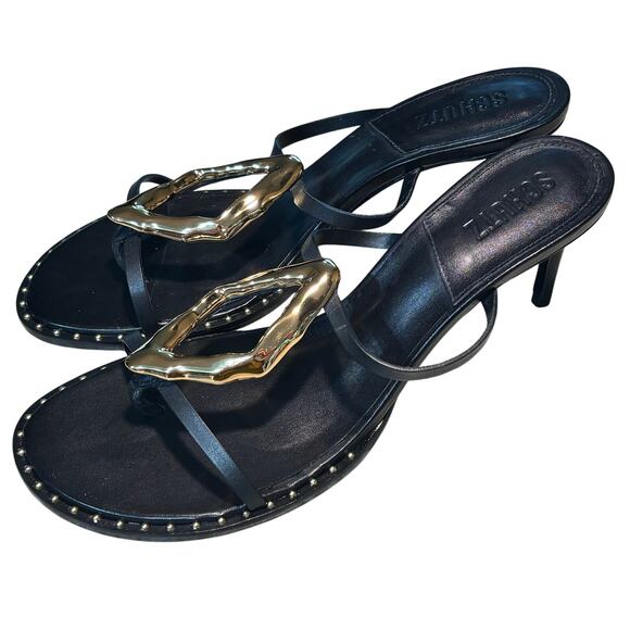 Schutz Women's Amarilis Stiletto Black Gold Sandal Mule Heels New Size 11 - Picture 2 of 11